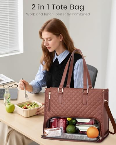 Image of Crewer Elegant Work Bag with Lunch Compartment - Laptop Tote Bag with Lunch Box Section, Office Bag with Insulated Lunch Storage - Stylish Quilted Shoulder Bag for Women.
