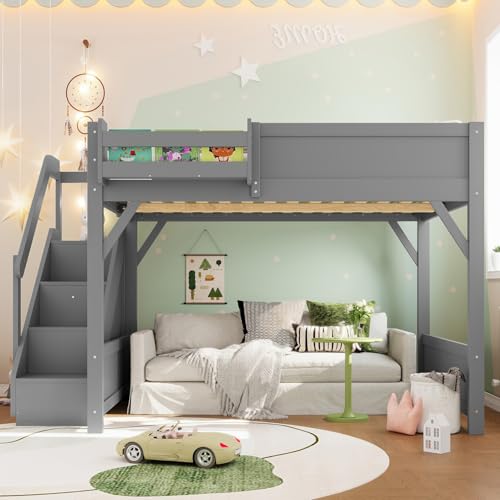 Image of KEIKI Solid Wood Full Size Loft Bed Frame with Stairs Built-in Wardrobe | Full Size Loft Bed with Storage Shelves, Full-length Guardrails, No Box Spring Needed for Bedroom, Dorm, Gery