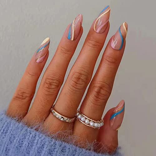 JUSTOTRY 24 uñas postizas cortas de almendra, uñas postizas francesas de arcoíris, uñas postizas cortas con pegamento para uñas, uñas ovaladas en espiral para mujeres