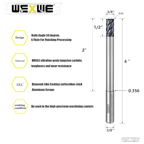 Image of Tools Carbide End Mills,6 Flute Square Milling Cutter,High Helix Angle for High Hardness Steel Finshing Milling Processing - 3 /8 Shank (3 /8-4.0 inch 1PCS)
