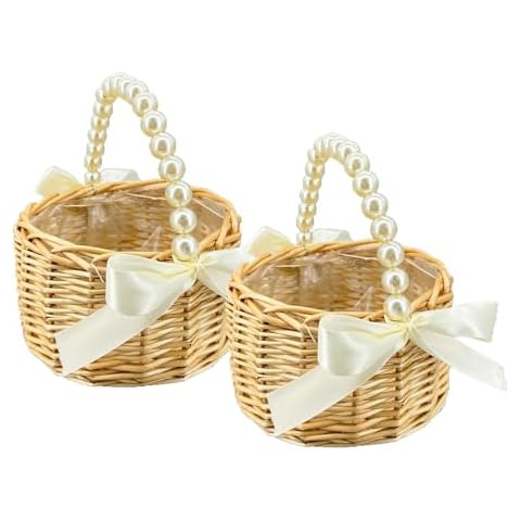 BETAULIFE Wicker Rattan Flower Girl Basket with Bows 2pcs,Pearl Handle Flower Girl Basket,Wedding Flower Girl Basket and Home Decorations. (2) Cover