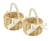 BETAULIFE Wicker Rattan Flower Girl Basket with Bows 2pcs/pack,Pearl Handle Flower Basket,for Wedding and Home...