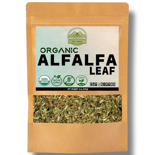 ZeeHERBS Organic Alfalfa Leaf 4 oz. (113g) Pack USDA Certified Organic Alfalfa Leaf Herb Loose Leaf Tea Premium Quality Medicago Sativa Herb Cut & Sifted Alfalfa Tea Leaves