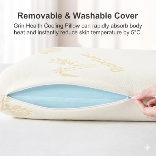 Image of Grin Health Memory Foam Ergonomic Bed Pillow for Neck Pain, Shoulder, Sleeping with Cooling Soft Fabric Cover | Orthopedic Pillow for Back, Side & Stomach Sleepers, Medium Firm Classic 50x30x7cm