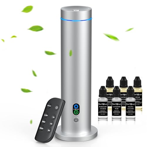 Waterless Diffuser, 1000 Sq.Ft Coverage, Essential Oil Diffuser with Tilt-Safe, Remote Control, Adjustable Mist Mode, Mood Lights Aromatherapy Diffuser for Home, Large Room, Office, Hotel, Silver