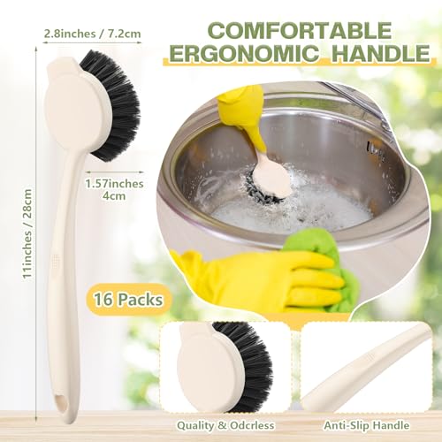 Image of 16 Pack Dish Brush with Handle Dish Scrubber Brush with Built-in Scraper Kitchen Scrub with Stiff Bristles Long Scrubber for Home Restaurant Pot Sink Washing Cleaning Supplies, Beige
