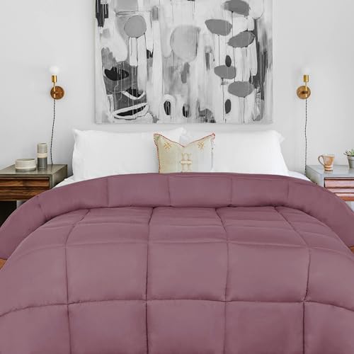 Superior Brushed Microfiber Solid Comforter, Down Alternative Bedding, Reversible, Medium Weight, Fluffy, Decorative, Duvet Insert, Oversized Blanket, Box Quilt Design, Full, Mauve