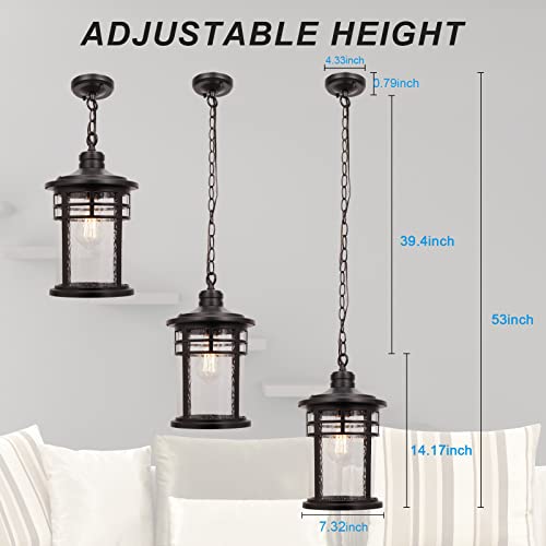 Image of Darkaway Large Outdoor Pendant Lights, 15inch Outdoor Chandelier Hanging Porch Lights Outside Ceiling Mount Aluminum with Seeded Glass for Front Door Gazebo Patio (Large, Black)