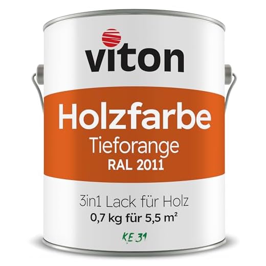 VITON Holzfarbe in Orange - 0,7 Kg Holzlack Seidenmatt - Wetterschutzfarbe für Außen - 3in1 Grundierung & Deckfarbe - Profi-Holzschutzlack - KE31 - RAL 2011 Tieforange