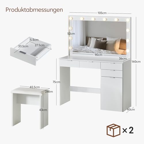 TUKAILAI Große Schminktisch mit LED Beleuchtung und Hocker Kosmetiktisch mit 4 Schubladen,Vanity...