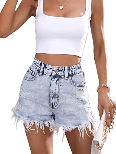 Shein Women's High Waist Jean Shorts Raw Hem Denim Shorts Distressed Frayed Hot Shorts Light Wash S #TOP20