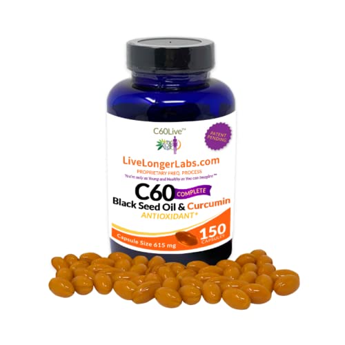 C60live - C60 Complete - Carbon 60 (Fullerene) with Black Seed Oil & Curcumin - Antioxidant Supplement - for Longevity & Cognitive Function - All Natural - 150 Gel Capsules