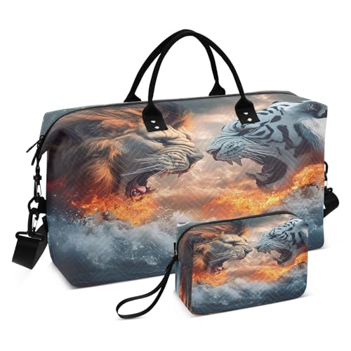 Weekender Bags Travel Duffel Gym Bag Lion and Tiger Carry on Overnight Tote Bag with Toiletry Bag for Airplane Travel Trip Gym Yoga