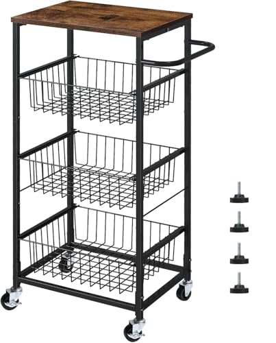 4 Tier Kitchen Storage Cart, Snack Rack Cart with Pull-Out Fruit Baskets, Mobile Pantry Cart with Wheels, Kitchen, Bathroom, Brown