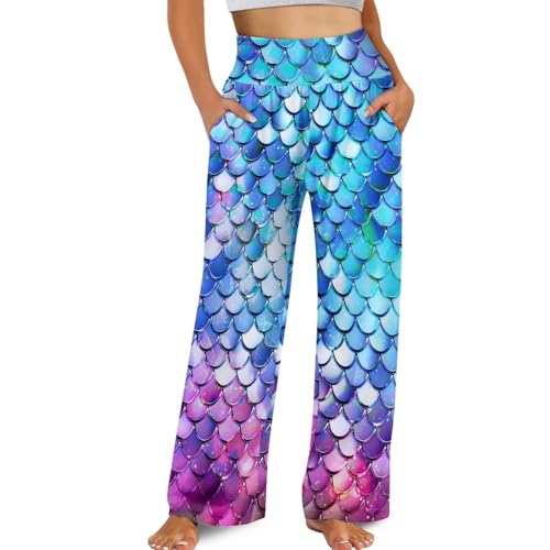 Biyejit Mermaid Scales Yoga Pants Women Wide Leg Pants with Pockets High Waist Stretch Pajamas Dress Casual Sweatpants Trousers Size XS-3XL