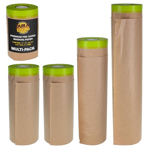 Dura-Gold Pre-Taped Masking Paper for Painting (Variety Pack 6 12 18 24 x 50 Rolls) Tape and Drape Painters Paper Protective Covering Overspray Barrier Home Renovation Walls Furniture Cars