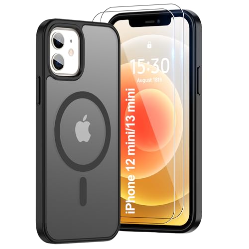Pilaru Magnetic Case for iPhone 12 Mini/13 Mini [Compatible with MagSafe] 2X Screen Protector | Anti-Fingerprint Shockproof Skin-friendly Slim Fit Translucent for iPhone 12/13 Mini-Matte Black
