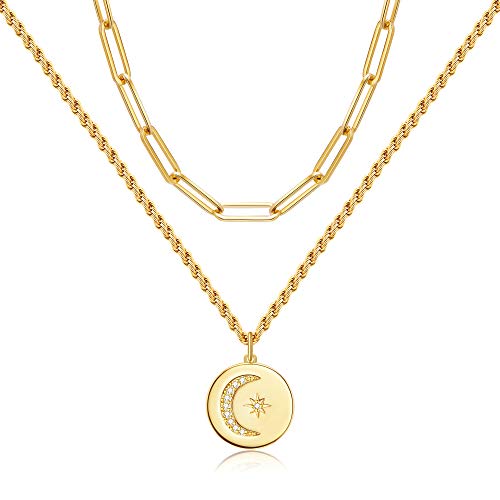 Ldurian Layered Paperclip Necklace, Non Tarnish Paperclip Chain Necklace, Layering Rectangle & Rope Chain, Trendy Women Jewelry with Starburst Pendant (14K Gold Plated )