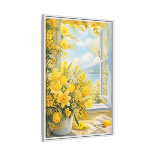 Tableau fleurs jaunes de 50x75cm idéal pour sublimer l'espace au-dessus d'une cheminée