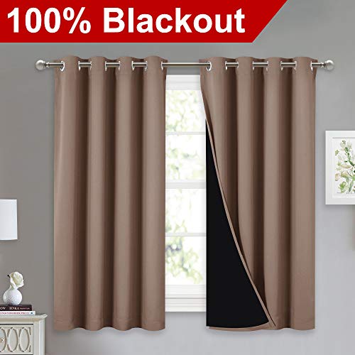 Image of NICETOWN Room Warming Curtains, Bedroom Full Blackout Panels, Super Thick Insulated Window Covers, 100% Blackout Blinds with Black Liner for Small Window(Cappuccino, Set of 2 PCs, 52 by 45-inch)