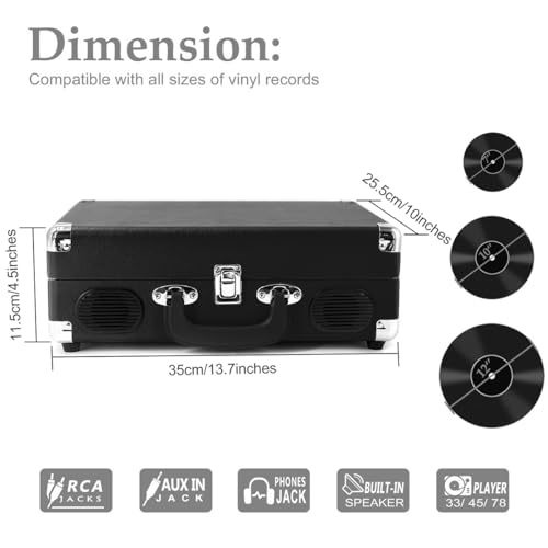 Image of Claw Stag Portable Vinyl Record Player Turntable with Built-in Stereo Speakers, Volume Control Knob, AUX Input and RCA Output, 78 RPM Speed, High Qualiy Diamond Stylus and Headphone Jack (Black)