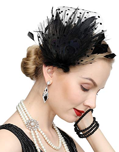 Fascinators 20s Gatsby Flapper Acessories Art Deco Party Accessory Peacock Feather Alligator Clip(A-Black)