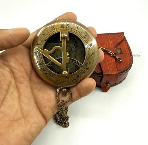 Brújula de bolsillo vintage de latón y cobre con reloj de sol funcional para navegación marítima, camping y senderismo con estuche de cuero miniatura 4