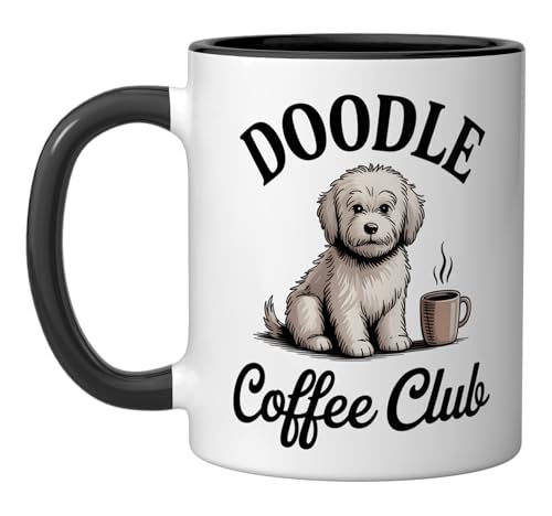 Vintage Doodle Coffee Club Cute Dog Coffee Graphic Ceramic Mug, Black/White