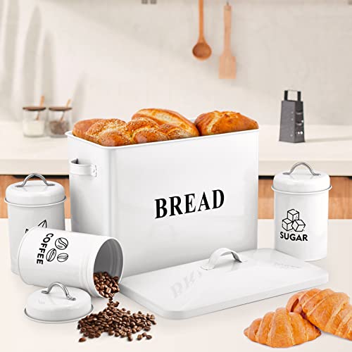 Bread Box With Canister Sets For Kitchen Countertop, E-Far Metal White Storage Container Holder For Modern Farmhouse Decor, Vintage Style & Extra Large - Holds 2+ Loaves Sugar Coffee Tea #TOP3