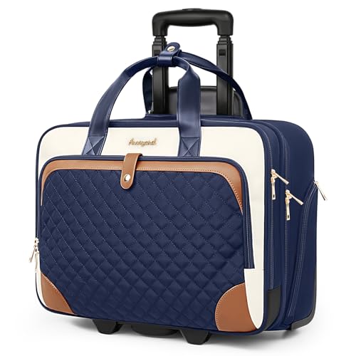 Arcoyard Rolling Laptop Bag Rolling Briefcase for Women with Waterproof Pocket 16 Inch Computer Bag Underseat Carry On Luggage with Wheels for Work Travel Business Lightweight Navy Blue Brown
