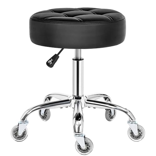 BEWISHOME Rollhocker mit Rollen,Verstellbarer Hocker für hohe Belastungen bis 200 kg,360° Drehhocker Hocker für Salon,Spa PU-Sitzpolsterung (schwarz) EBYD01B