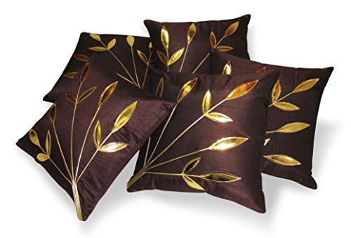 Image of Golden Floral Cushion Covers, 16x16 Inch, Set of 5 (Brown)
