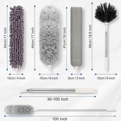 Image of Miele 4 in 1 Long Handle Microfiber Feather Ceiling Duster with Extendable Pole 30-100 Inch with Anti Scratch Bendable Head for Cleaning High Cobweb Stick High Ceiling Fan - Stainless Steel
