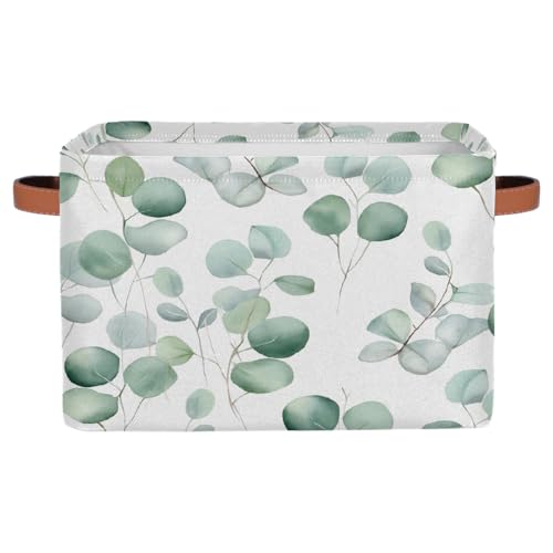Image of Eucalyptus Leaves Storage Baskets for Organizing, Fabric Collapsible Storage Bins Box Sage Green Decorative Toy Organizer Baskets for Closet Shelves Gift Basket 1 Pc