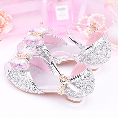 Girls Mary Jane Rhinestone Bow Shoes Low Heel Princess Flower Wedding Party Dress Shoes for Kids Toddler Summer (Silver, 11 Little Child)4