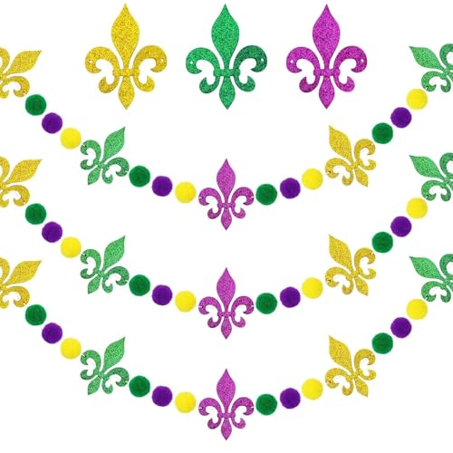 Jansun 3 Pcs 29.5 Ft Mardi Gras Cranival Felt Garland Banner