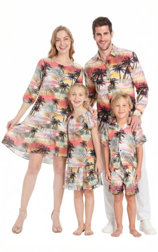 Image of Hawaii Hangover Family Matching Hawaiian Clothes, Neon Sunset Pink | Family Matching Hawaiian Clothes, Neon Sunset Pink, lightweight rayon, machine washable, tropical floral print, luaus