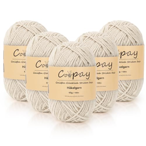 Coopay Lana para ganchillo, 225 g (5 x 45 g), 5 ovillos de lana para tejer, lana de bebé para principiantes, hilo de ganchillo súper suave para proyectos de ganchillo y punto, color caqui blanco