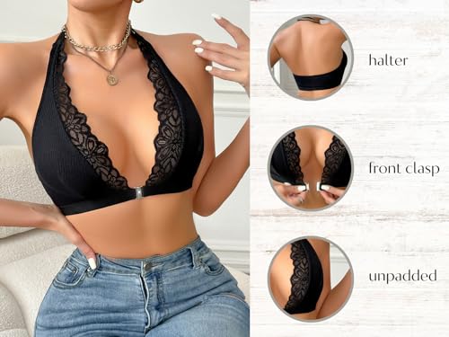 Image of SOLY HUX Bras for Women Halter Lace Front Closure Bralette | Wireless Bra, Deep V Neck, Triangle