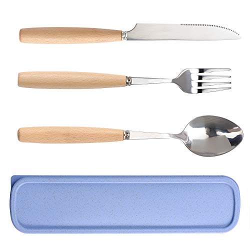 Portable Utensils Set with Case - 3 Pieces Wood Handle Reusable Flatware Set