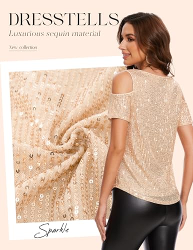 DRESSTELLS Sequin Tops for Women Sparkly Glitter Shirts Cold Shoulder V Neck Blouses Party Tanks Club Concert Fall Blouses2