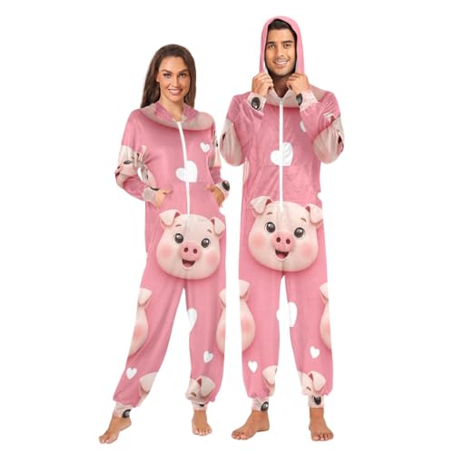 Pijama de cerdo rosa para adultos de forro polar contra el frío en casa con bolsillos 4