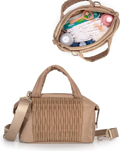 Marscamd Small Crossbody Diaper Bag Tote with 2 Bottle Pockets Lightweight Baby Bag for Girl & Boy with Shoulder Strap Camel