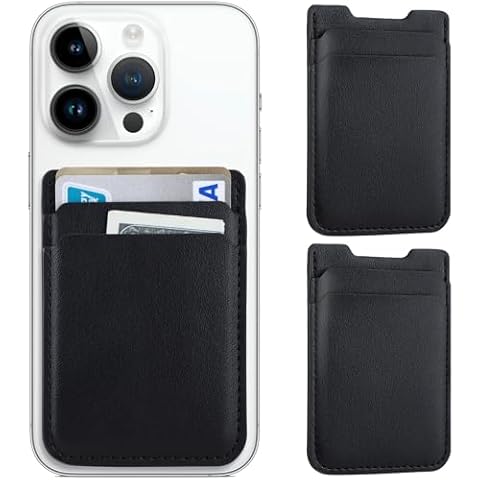 Fulgamo Phone Wallet Stick on,2Pack Phone Card Holder for Back of Phone Case, Leather Credit Card Holder for Cell Phone Sticky Wallet Double Pocket Sticker for iPhone, Android, Samsung-Black Cover