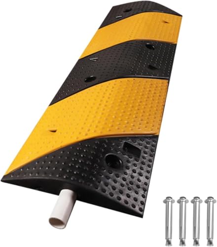 Reductor De Velocidad De Goma Y Rampa Protectora De Cables para Carreteras, Aparcamientos Y Hormigón - Resistente, con 4 Tornillos para Mayor Estabilidad Y Seguridad. Black Yellow Channel