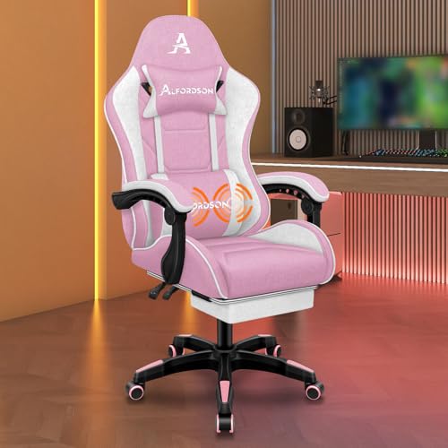 ALFORDSON Silla Gaming de Masaje, Silla de Oficina con reposapiés, Silla Gaming de Carreras, Capacidad de 180 kg, Respaldo Ajustable de 90-150°, Silla ergonómica para PC, Tela, Blanco y Rosa