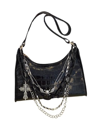 QWINEE Women's Y2k Purse Punk Goth Faux Leather Shoulder Bag Cross Chain Hobo Handbag