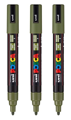 Image of posca PC-5M Water-Based Paint Markers, Reversible Medium Tip (1.8-2.5mm), Khaki Green, 3 Count