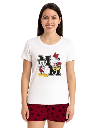 Disney Minnie Mouse Schlafanzug für Damen - Pyjama Set Kurzarm Oberteil mit Shorts Weiß/Rot (DE/NL/SE/PL, Alphanumerisch, XL, Regular, Regular,...