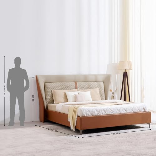 Image of Home Centre | Tiffany Caramel Faux Leather King Size Bed | Solid Wood | Beige | 1 Year Warranty